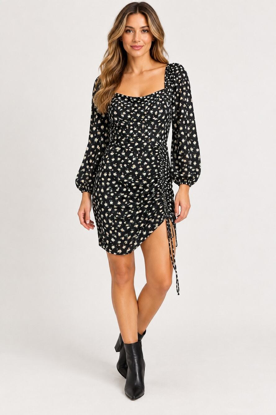 Lulus Women’s Small Black Floral Daisy Ruched Drawstring Mini Dress Puff Sleeve